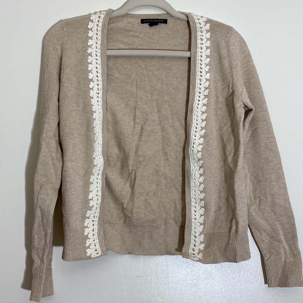 Banana Republic Tan Beige Cotton Knit Open Front Cardigan Lace Crochet Trim XS - Picture 2 of 14
